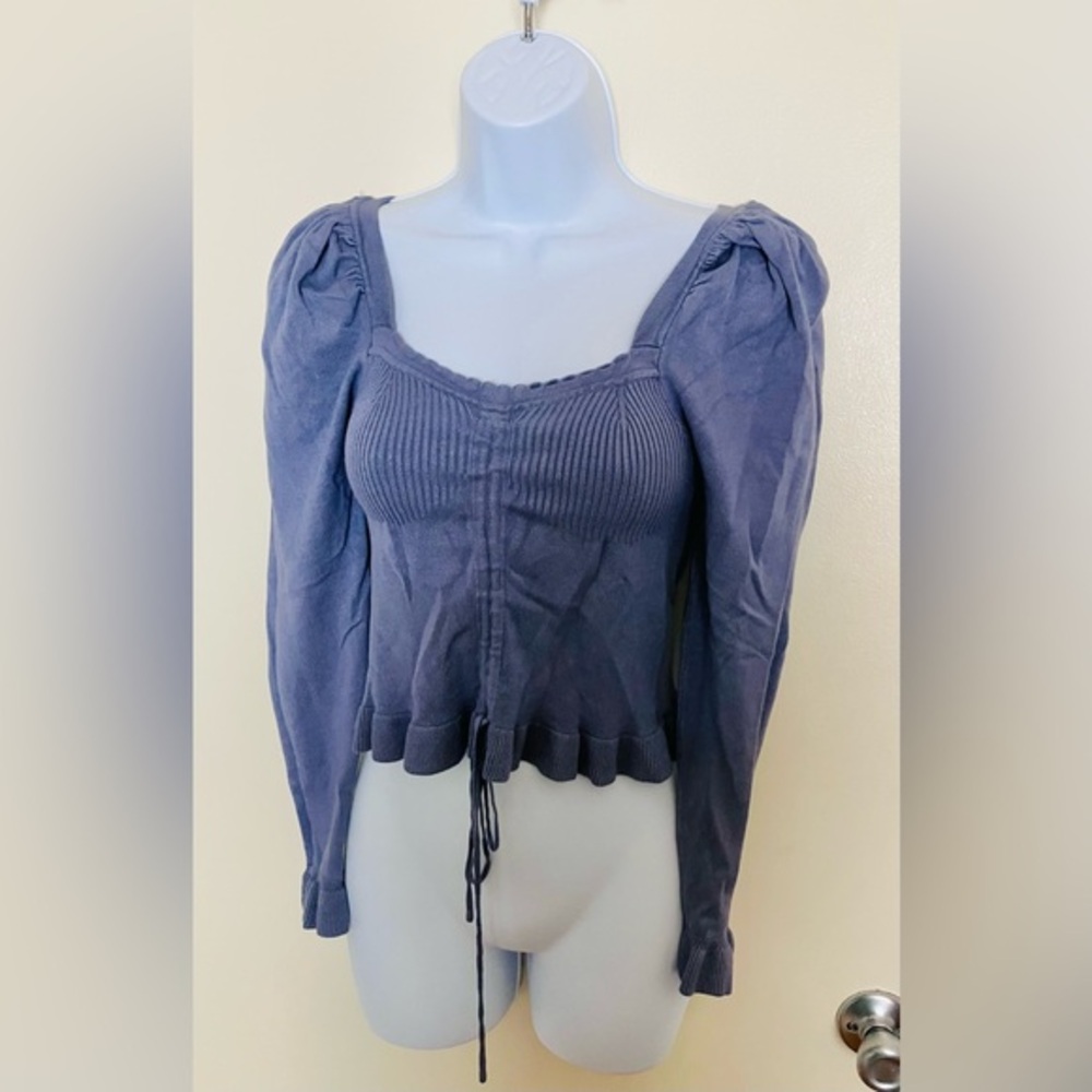 Zara Blue Long Sleeve Ruched Women's Peasant Juliet Sweater Size Small